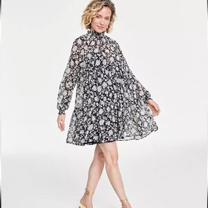 On 34th Black & White Floral Tiered Sheer Long Sleeve Dress Classic Fall Style L